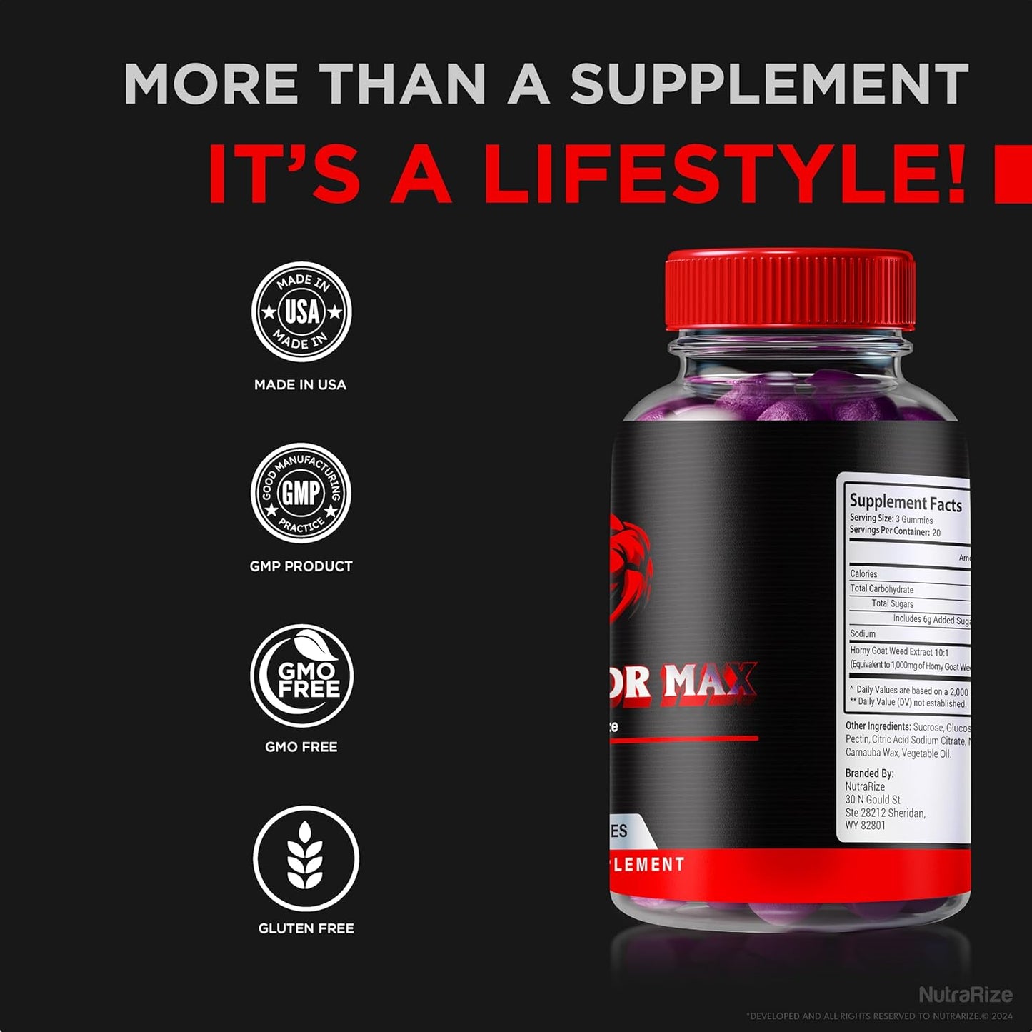 All-Natural NutraRize Dominator Max Gummies for Men - Muscle Support & Energy Boost - 60 Gummies