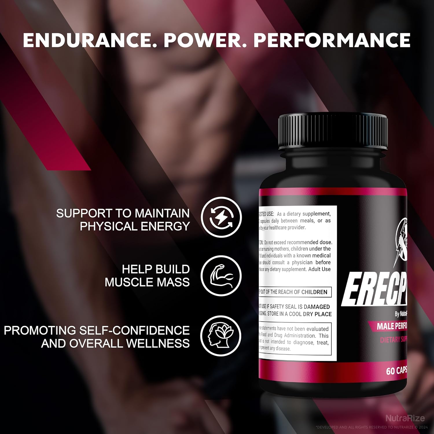All Natural NutraRize ErecPower Pills for Men - Energy Boosting Male Supplement with Vitamins for Peak Performance (60 Capsules)