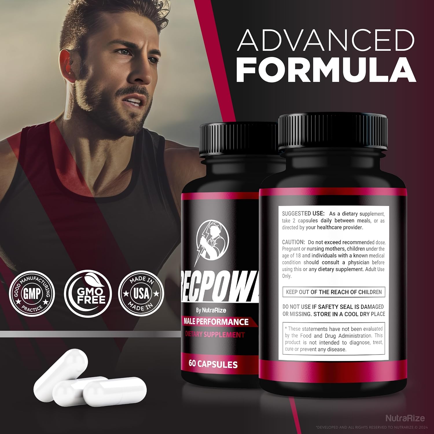 All Natural NutraRize ErecPower Pills for Men - Energy Boosting Male Supplement with Vitamins for Peak Performance (60 Capsules)