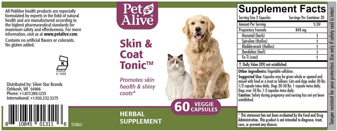 All-Natural Pet Skin and Coat Herbal Supplement - 60 Veggie Capsules for Healthy Skin and Shiny Coats in Cats and Dogs