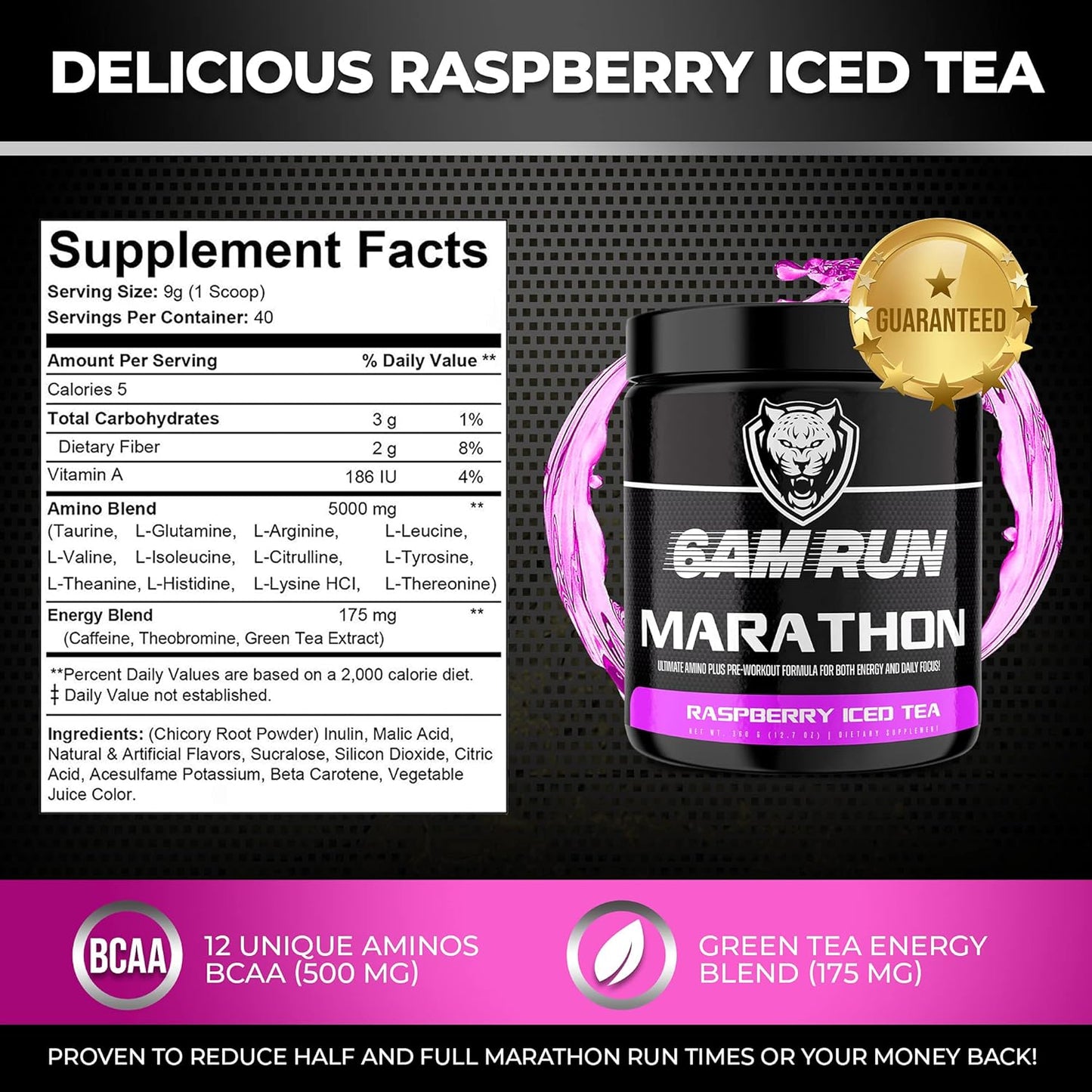 All-Natural Pre-Workout Powder for Distance Running, High-Energy Formula with Essential Amino Energy, Raspberry Iced Tea Flavor, 40 Servings