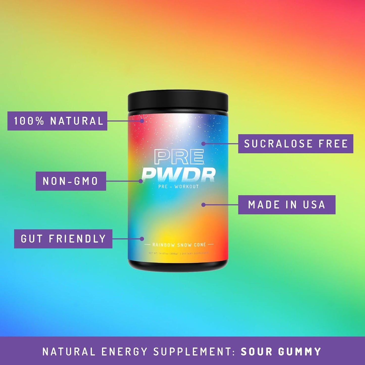 All Natural Pre-Workout Powder for Energy, Pump, Endurance & Strength - Rainbow Snowcone Flavor