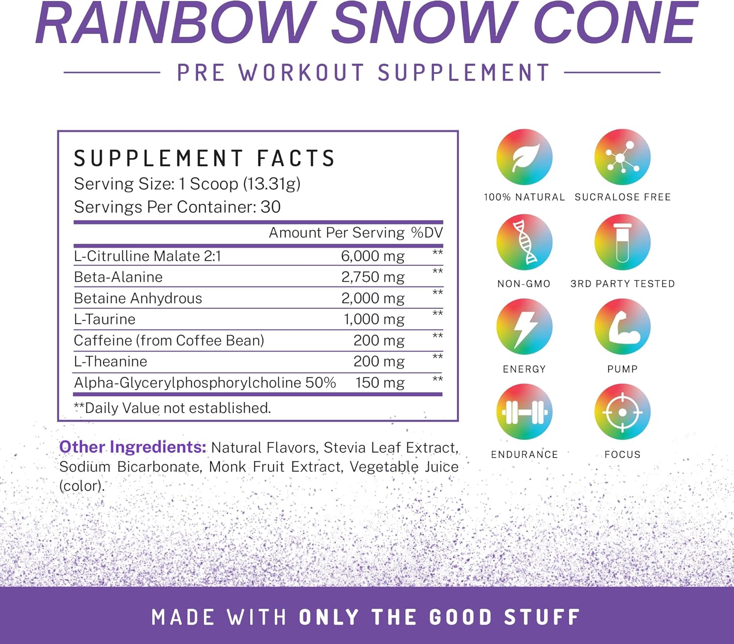 All Natural Pre-Workout Powder for Energy, Pump, Endurance & Strength - Rainbow Snowcone Flavor