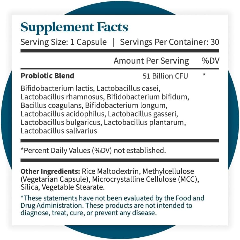 All Natural Probiotic Supplement with 51 Billion CFU for Healthy Gut Flora & Immune Health - Vegan, Non-GMO - 60 Capsules