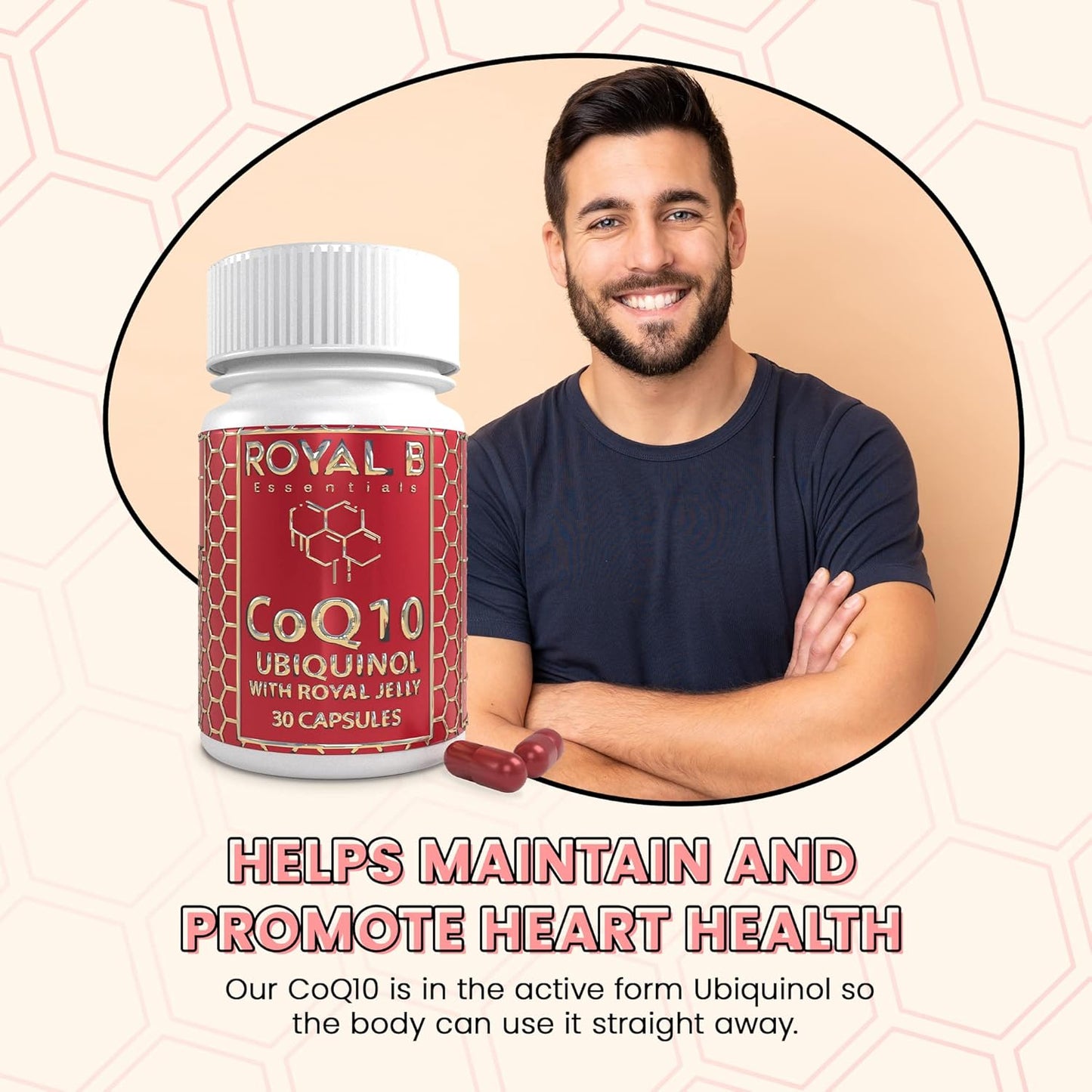 All-Natural Royal B Essentials Co-Enzyme Q10 Capsules for Heart Health & Immune Defense - 3,000mg Veggie Caps - Made by Bees