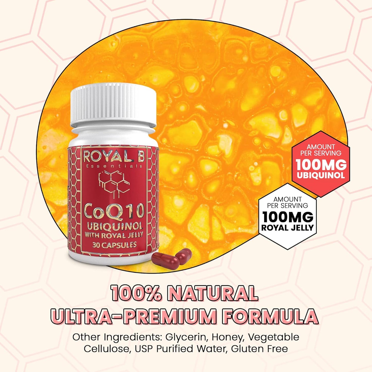 All-Natural Royal B Essentials Co-Enzyme Q10 Capsules for Heart Health & Immune Defense - 3,000mg Veggie Caps - Made by Bees