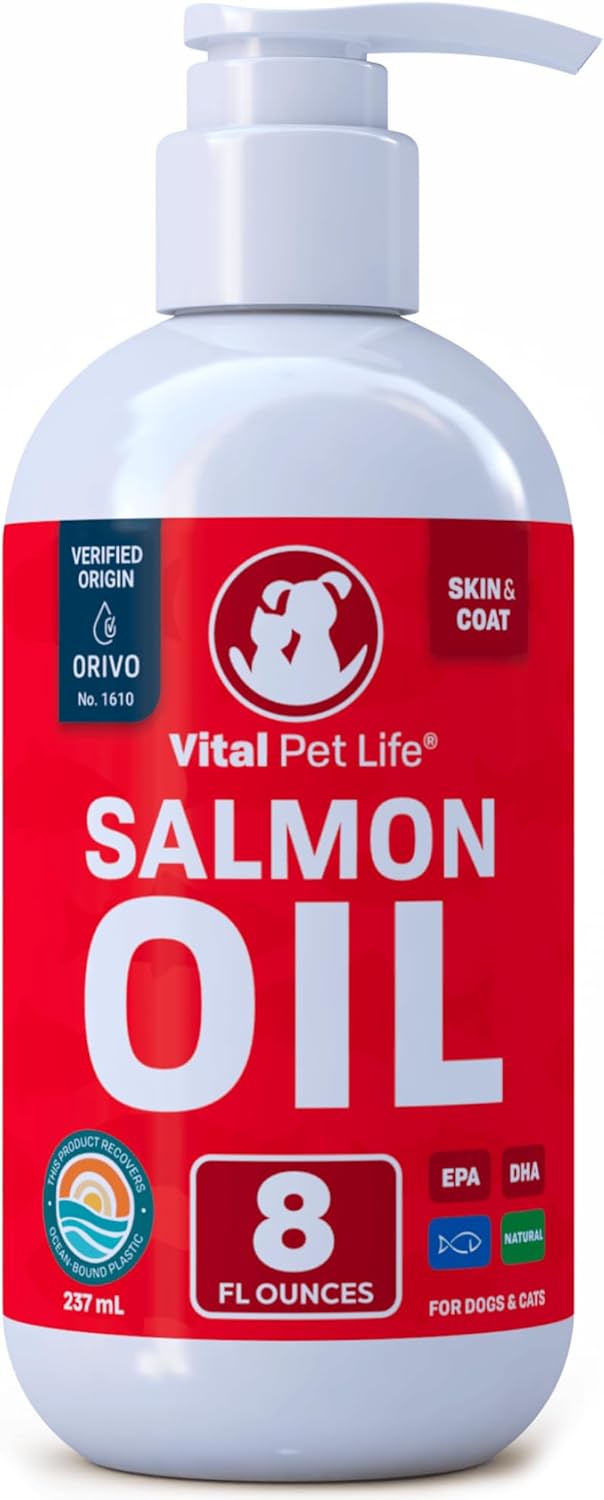 All-Natural Salmon Oil Liquid Supplement for Dogs & Cats - Supports Healthy Skin & Coat, Joint Health, Allergy Defense - Omega 3 EPA DHA - 8 oz