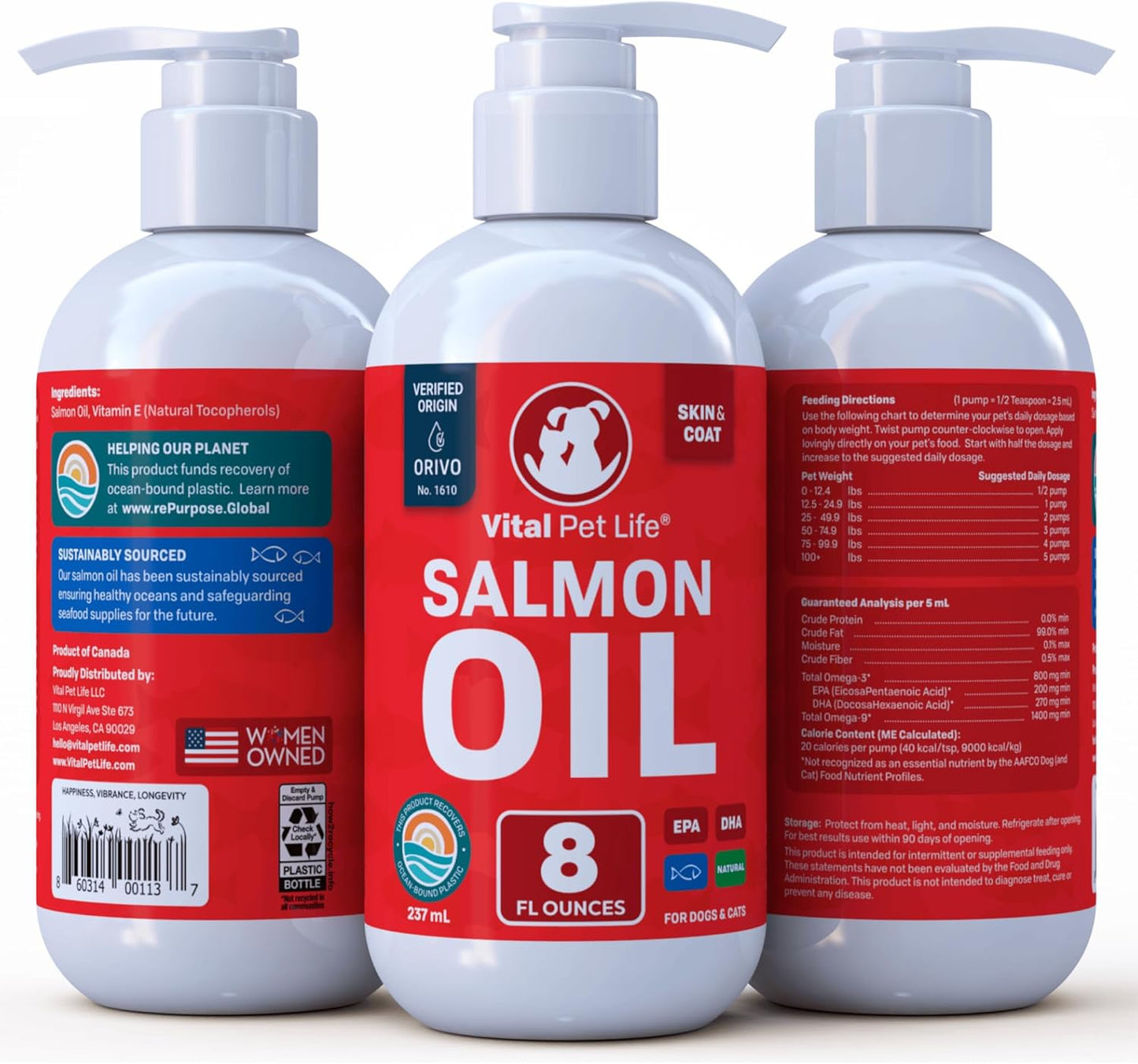 All-Natural Salmon Oil Liquid Supplement for Dogs & Cats - Supports Healthy Skin & Coat, Joint Health, Allergy Defense - Omega 3 EPA DHA - 8 oz
