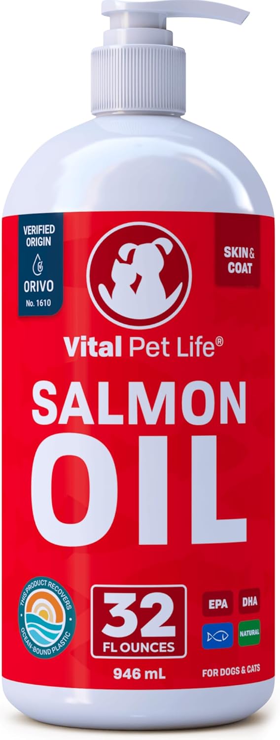 All Natural Salmon Oil Supplement for Dogs & Cats, 32 oz - Promotes Healthy Skin & Coat, Joint & Bone Health, Omega 3 EPA DHA, Natural Allergy Defense