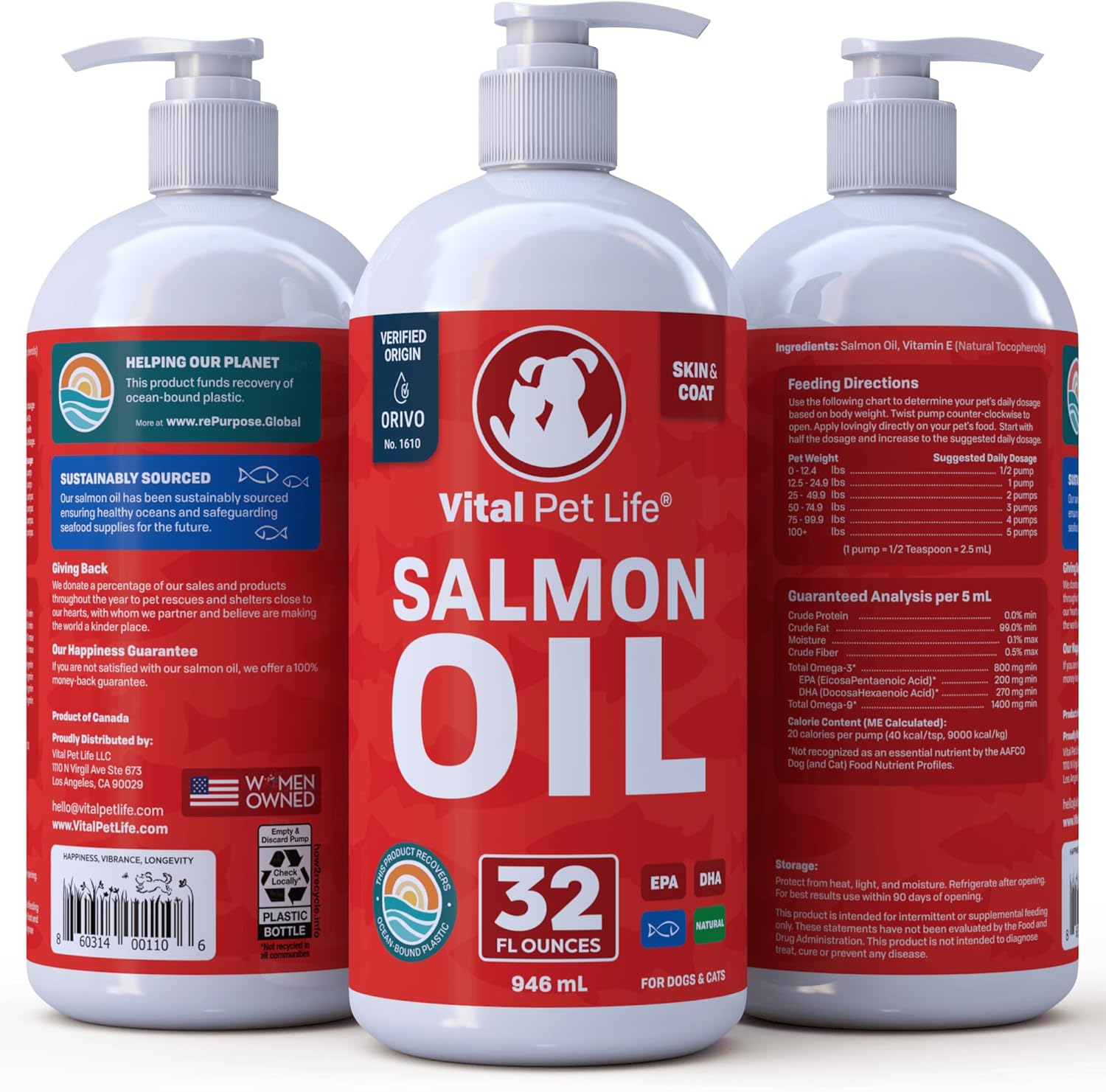 All Natural Salmon Oil Supplement for Dogs & Cats, 32 oz - Promotes Healthy Skin & Coat, Joint & Bone Health, Omega 3 EPA DHA, Natural Allergy Defense