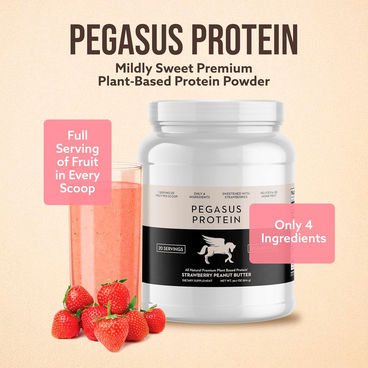 All Natural Strawberry Peanut Butter Protein Powder - 20g Protein, 20 Servings - No Stevia, Monk Fruit, Artificial Sweeteners - Berries Sweetened
