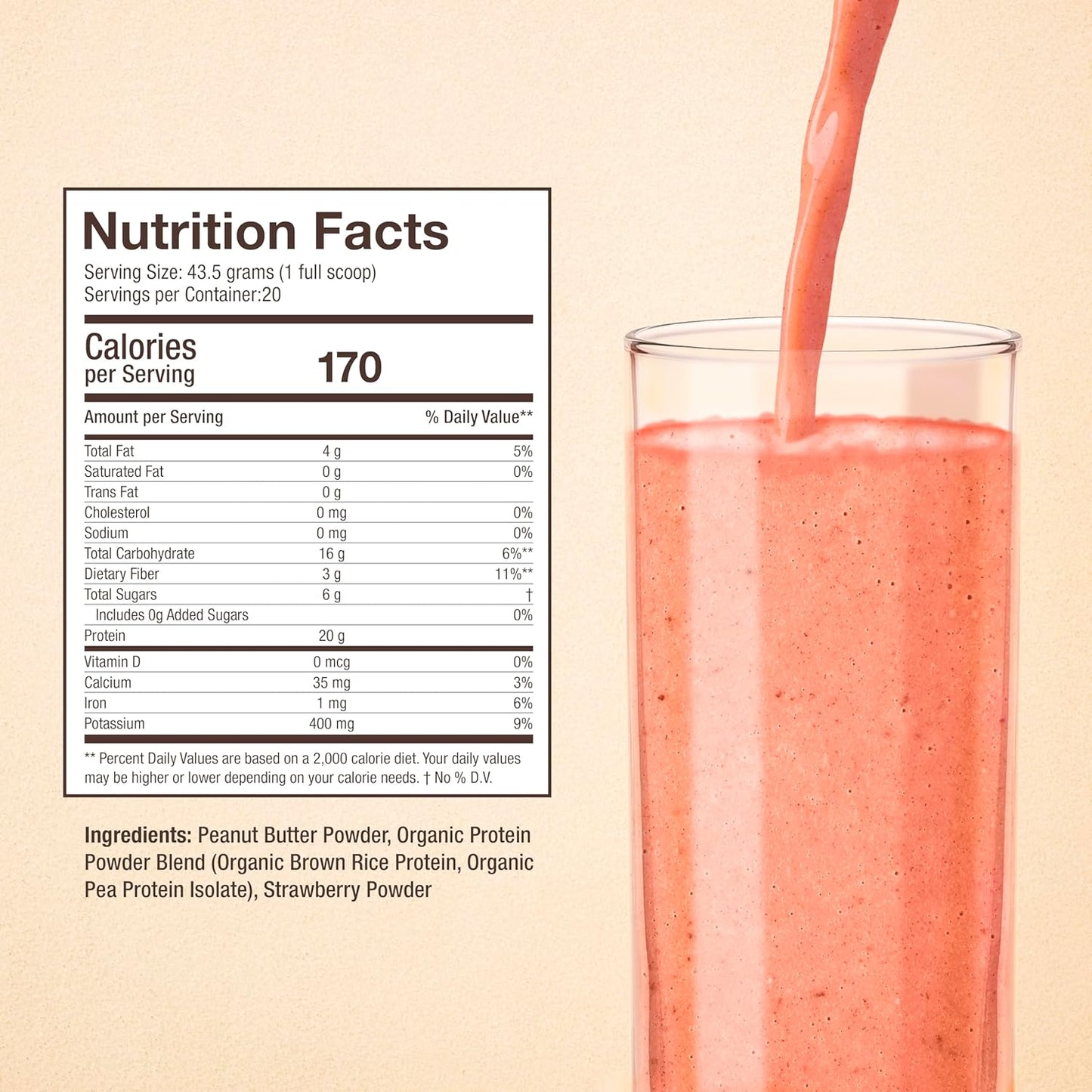 All Natural Strawberry Peanut Butter Protein Powder - 20g Protein, 20 Servings - No Stevia, Monk Fruit, Artificial Sweeteners - Berries Sweetened