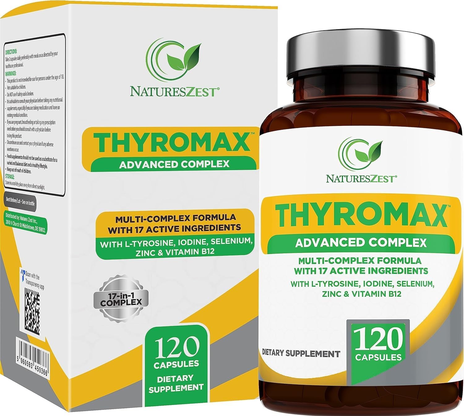 All-Natural Thyroid Support Supplement with 17 Ingredients - 120 Capsules for Men & Women - Vegan Formula with Iodine, L-Tyrosine, Ashwagandha, B12, and Zinc - 60 Day Supply