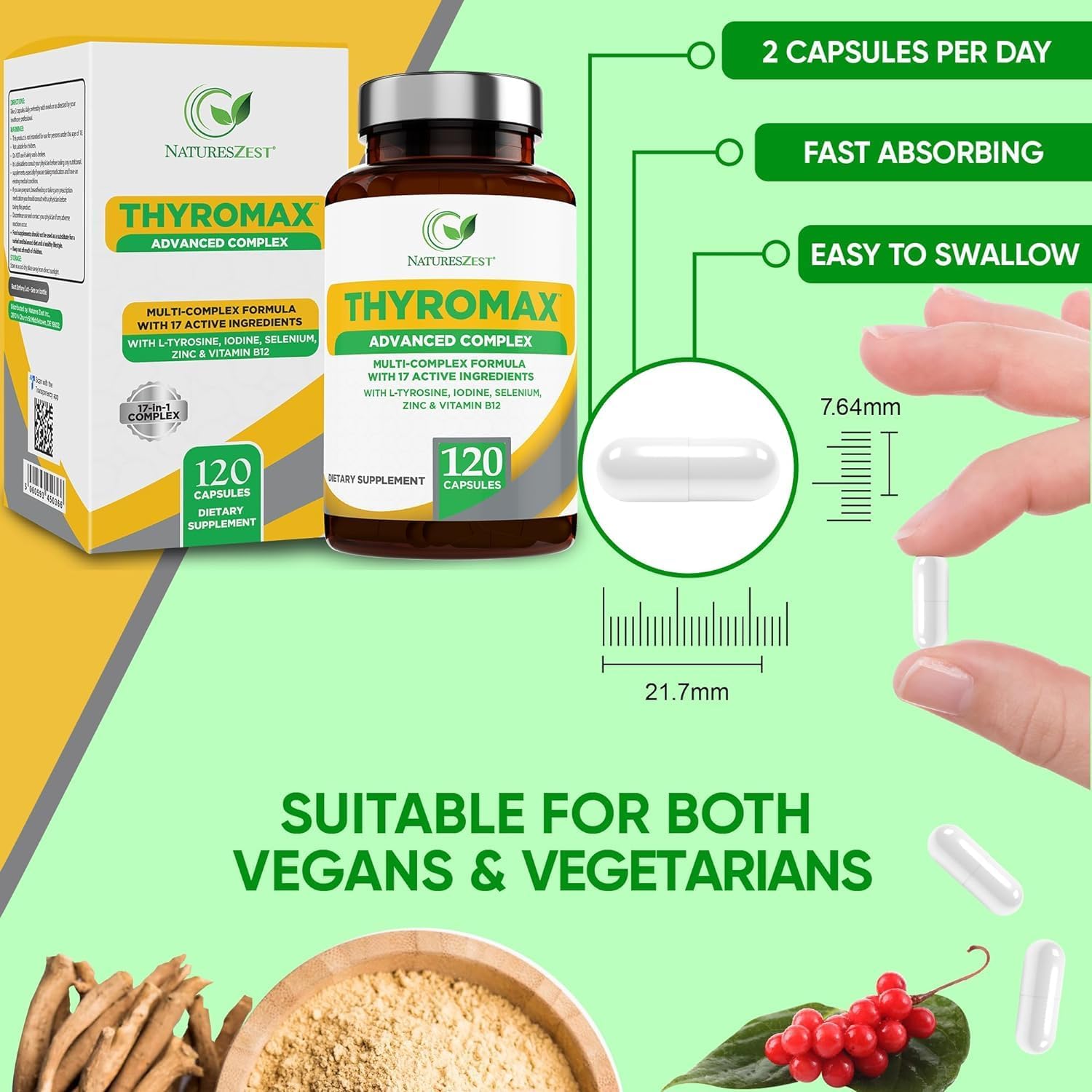 All-Natural Thyroid Support Supplement with 17 Ingredients - 120 Capsules for Men & Women - Vegan Formula with Iodine, L-Tyrosine, Ashwagandha, B12, and Zinc - 60 Day Supply