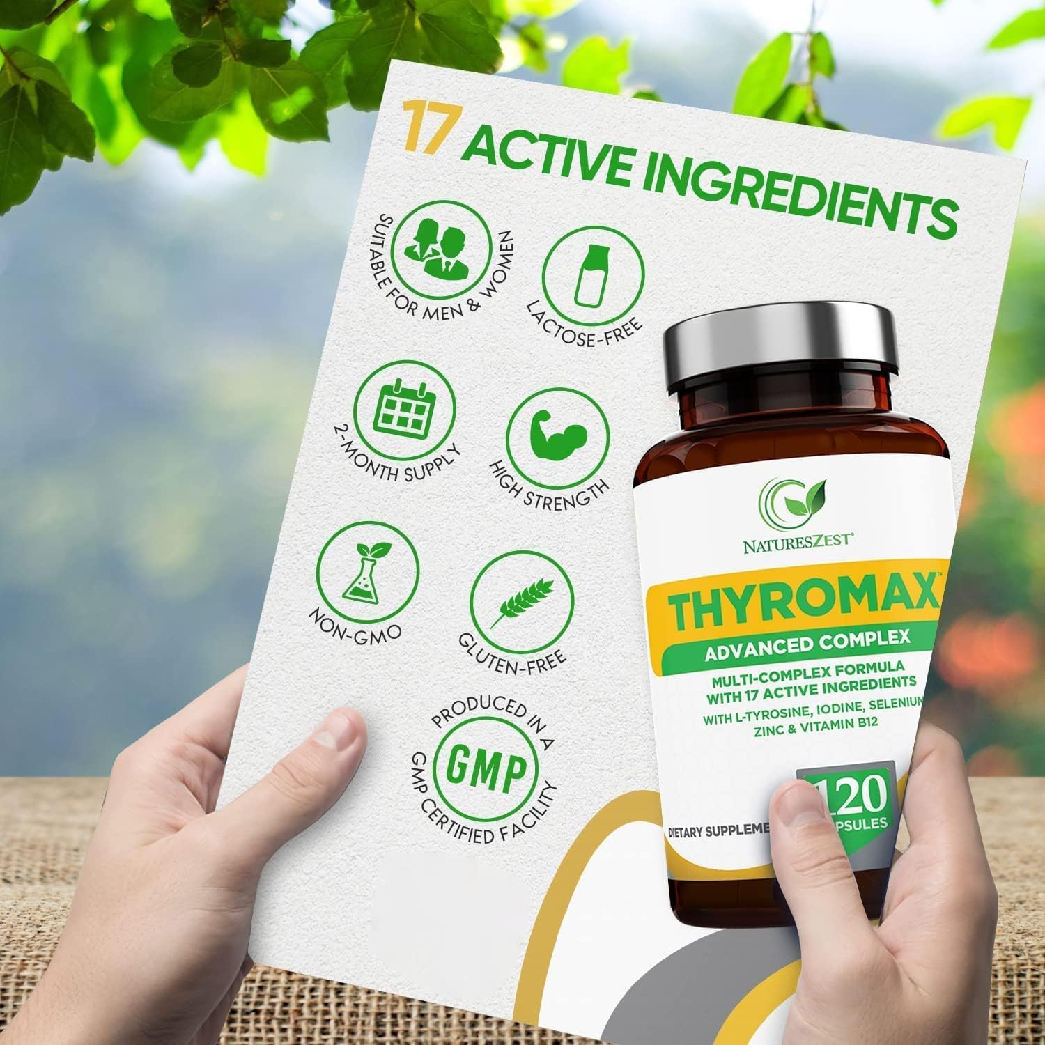 All-Natural Thyroid Support Supplement with 17 Ingredients - 120 Capsules for Men & Women - Vegan Formula with Iodine, L-Tyrosine, Ashwagandha, B12, and Zinc - 60 Day Supply