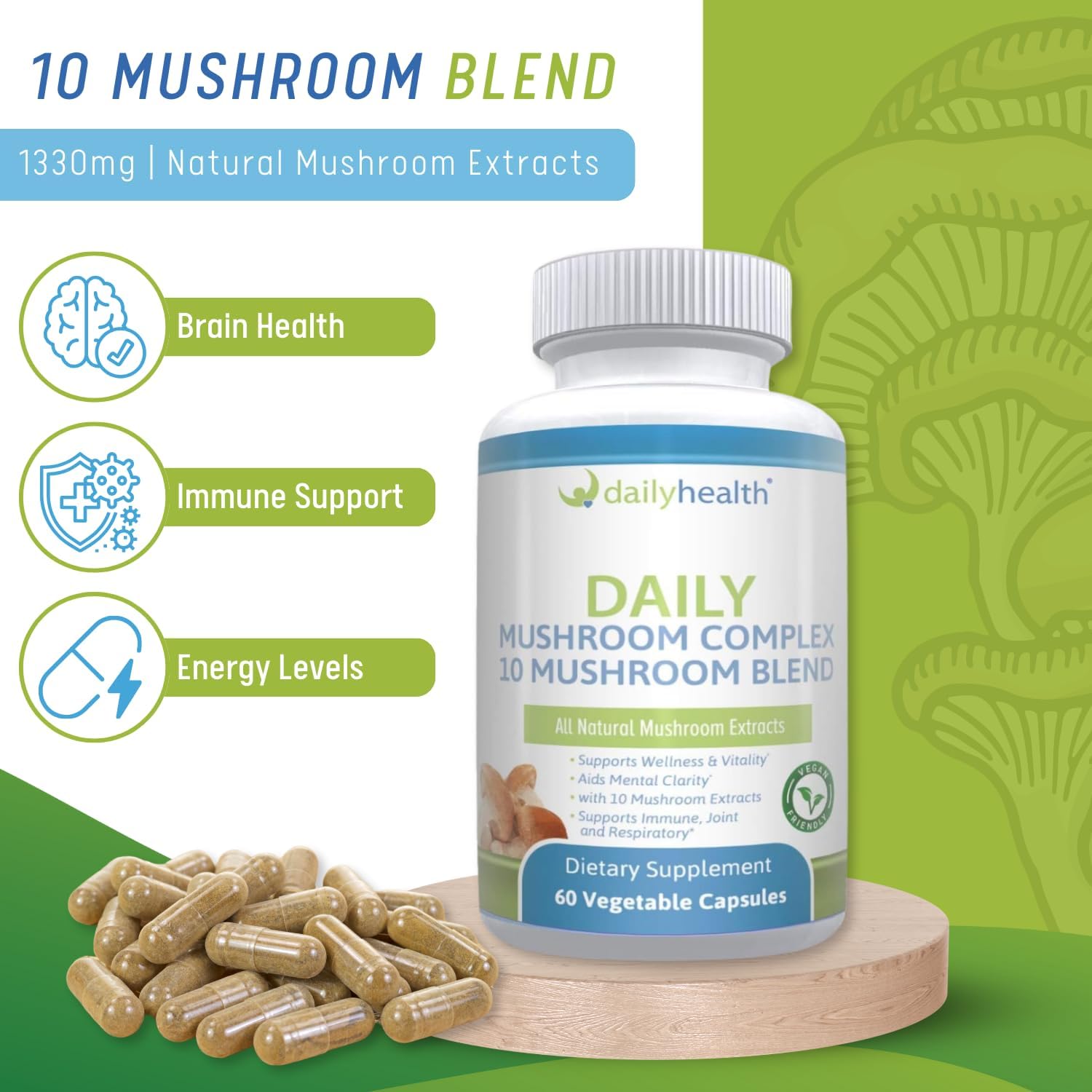 All Natural Vegan-Friendly 10 Mushroom Blend Complex Daily Health Extract - 180 Veg Capsules