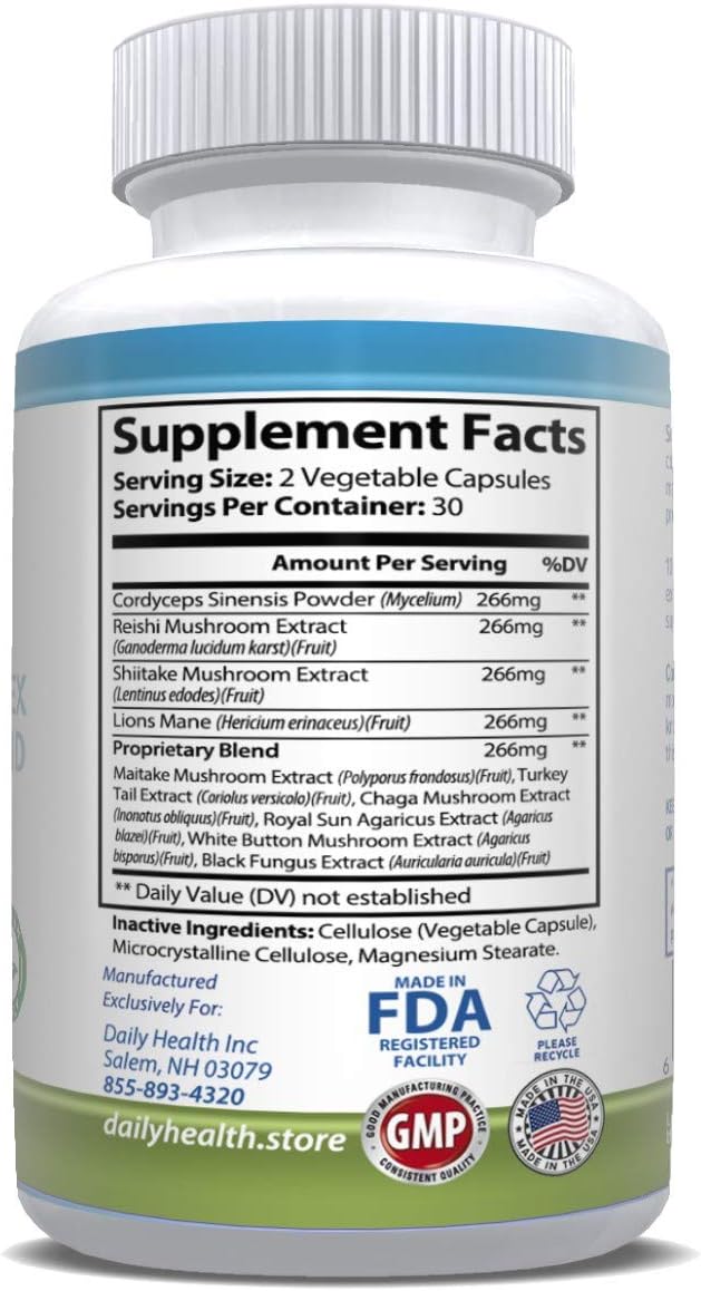 All Natural Vegan-Friendly 10 Mushroom Blend Complex Daily Health Extract - 180 Veg Capsules