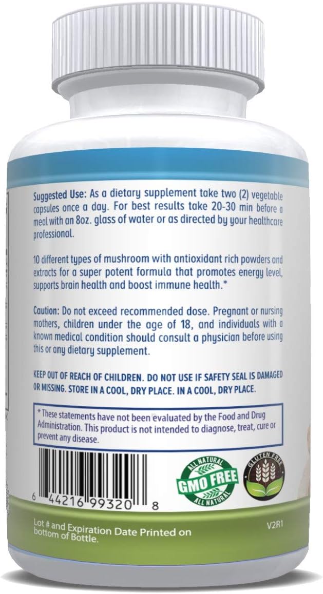 All Natural Vegan-Friendly 10 Mushroom Blend Complex Daily Health Extract - 180 Veg Capsules