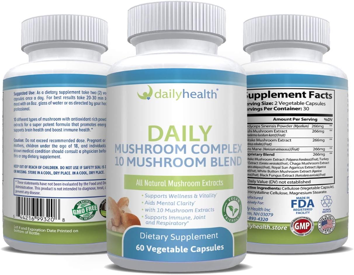 All Natural Vegan-Friendly 10 Mushroom Blend Complex Daily Health Extract - 180 Veg Capsules