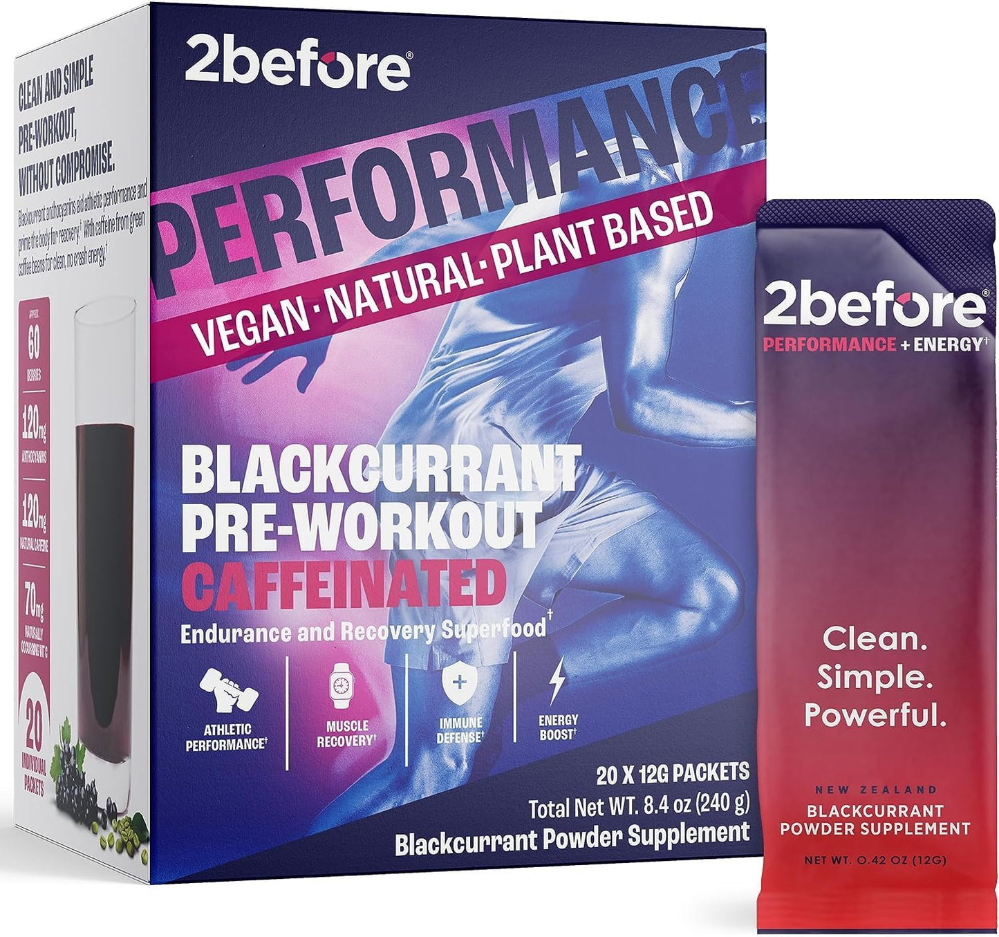 All Natural Vegan Pre Workout with Clean Energy & Endurance - 120mg Caffeine - 20 Packets - Blackcurrant Flavor - Informed Sports Certified