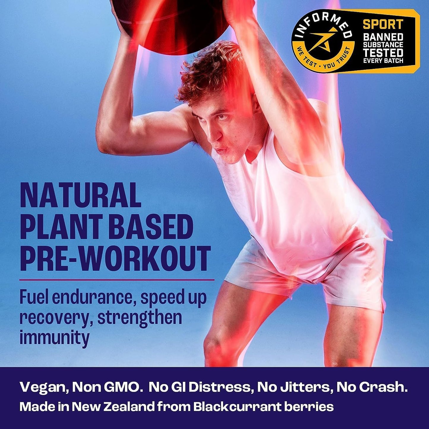 All Natural Vegan Pre Workout with Clean Energy & Endurance - 120mg Caffeine - 20 Packets - Blackcurrant Flavor - Informed Sports Certified