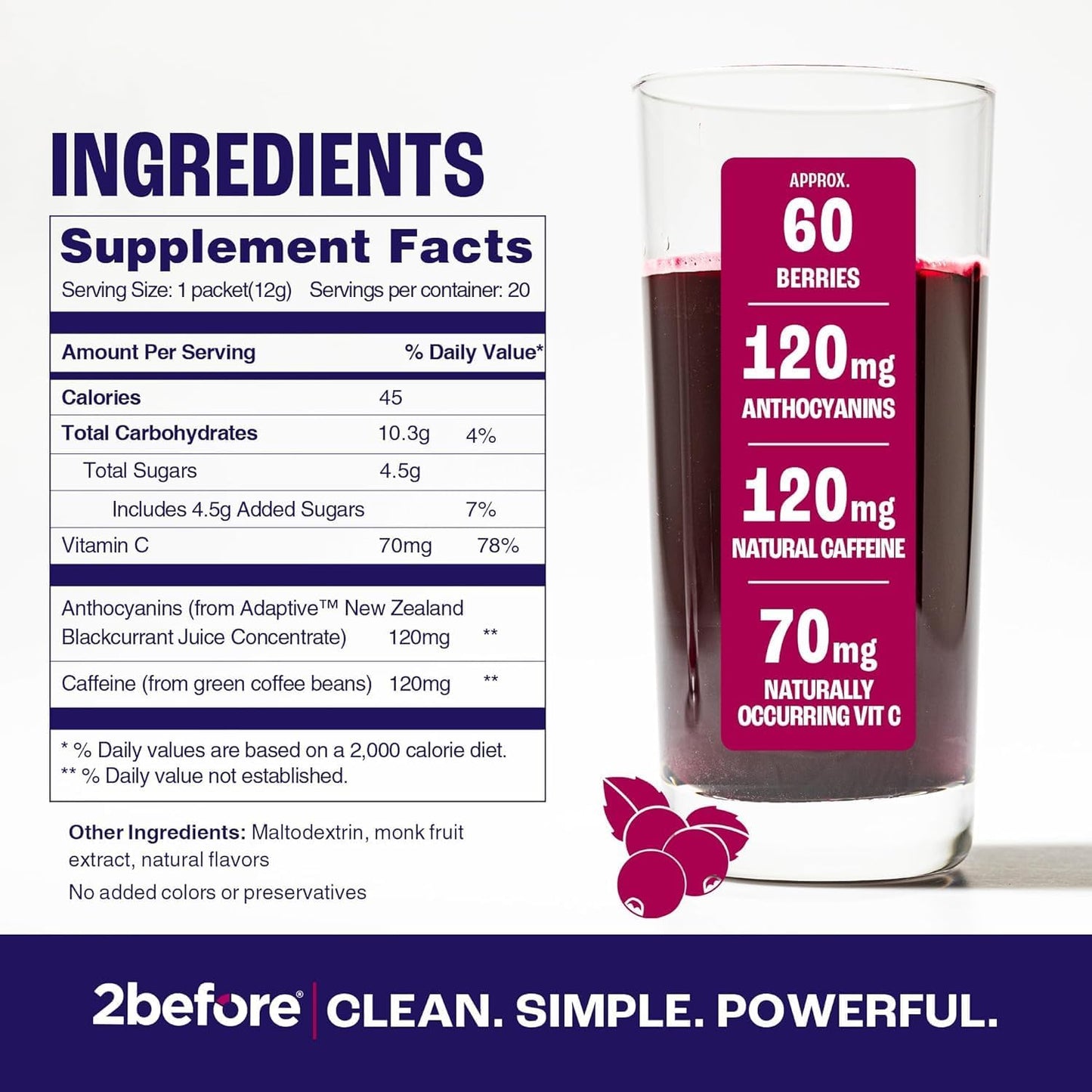 All Natural Vegan Pre Workout with Clean Energy & Endurance - 120mg Caffeine - 20 Packets - Blackcurrant Flavor - Informed Sports Certified