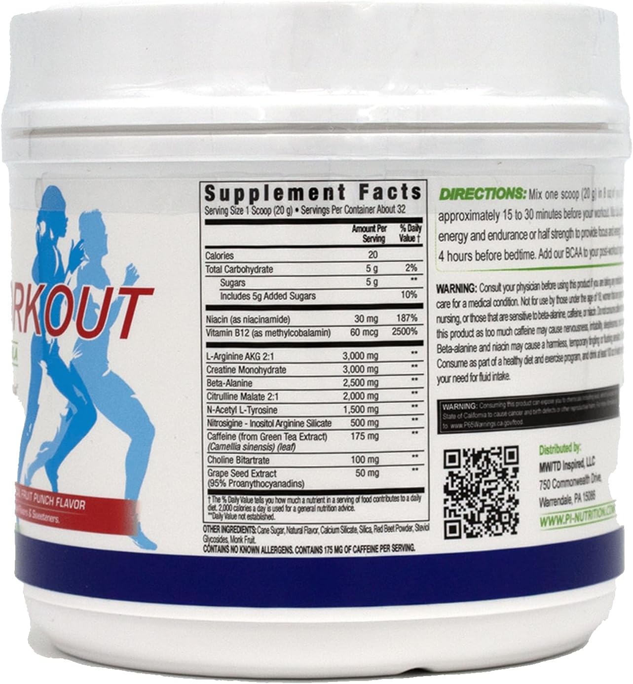 All Natural Vegan PreWorkout Powder with Citrulline and Green Tea - Tropical Fruit Punch - 32 Servings