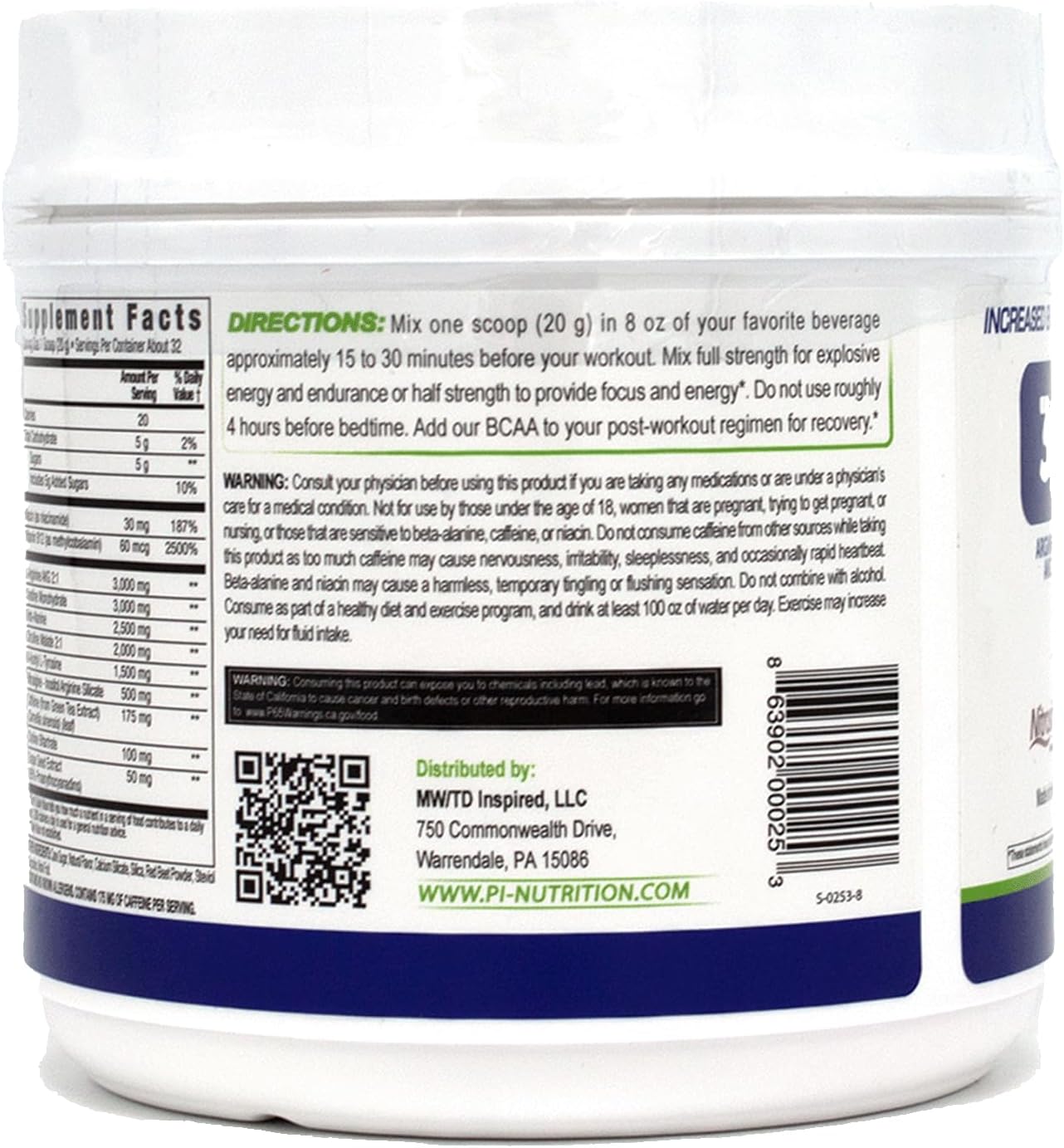 All Natural Vegan PreWorkout Powder with Citrulline and Green Tea - Tropical Fruit Punch - 32 Servings