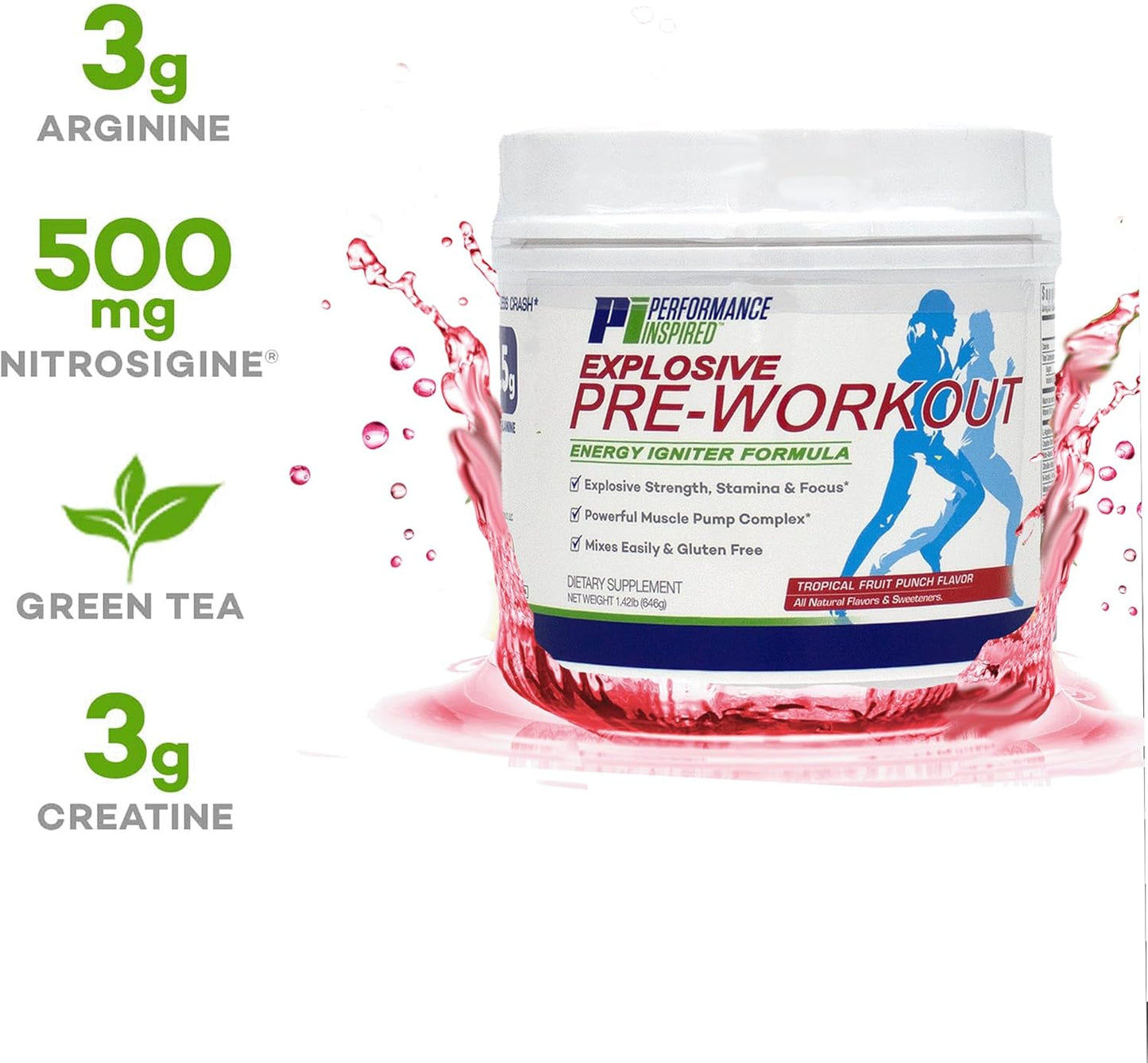 All Natural Vegan PreWorkout Powder with Citrulline and Green Tea - Tropical Fruit Punch - 32 Servings