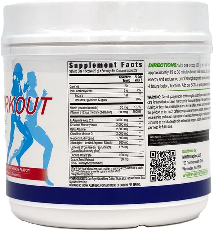 All Natural Vegan PreWorkout Powder with Citrulline and Green Tea - Tropical Fruit Punch - 32 Servings