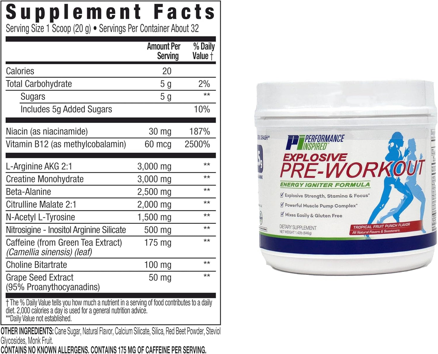 All Natural Vegan PreWorkout Powder with Citrulline and Green Tea - Tropical Fruit Punch - 32 Servings
