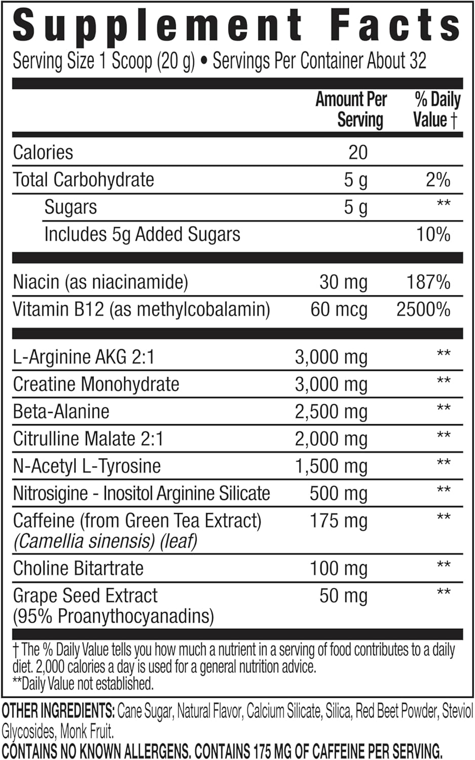 All Natural Vegan PreWorkout Powder with Citrulline and Green Tea - Tropical Fruit Punch - 32 Servings