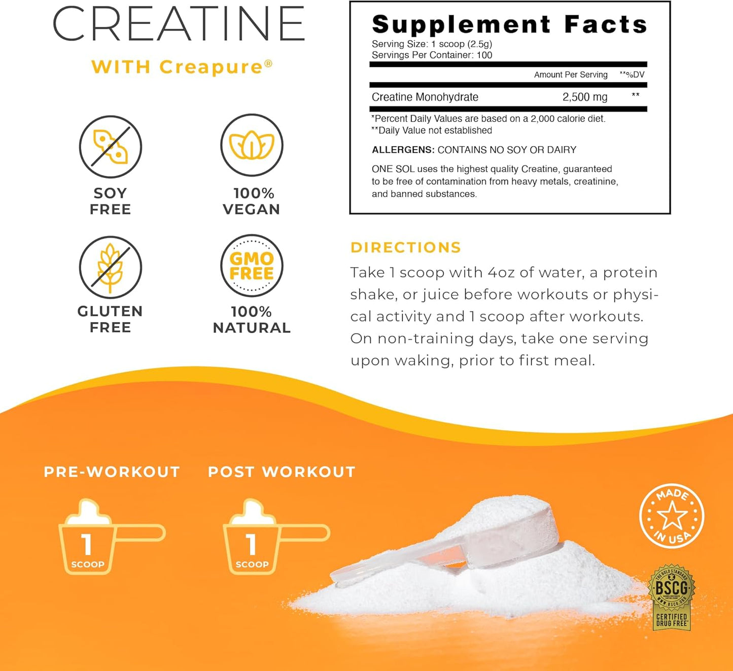 All Natural Women's Creatine Powder for Booty Gain, Lean Muscle Mass & Recovery - Sol Creatine with Creapure, Promotes Brain & Bone Health - Unflavored, 100 Servings
