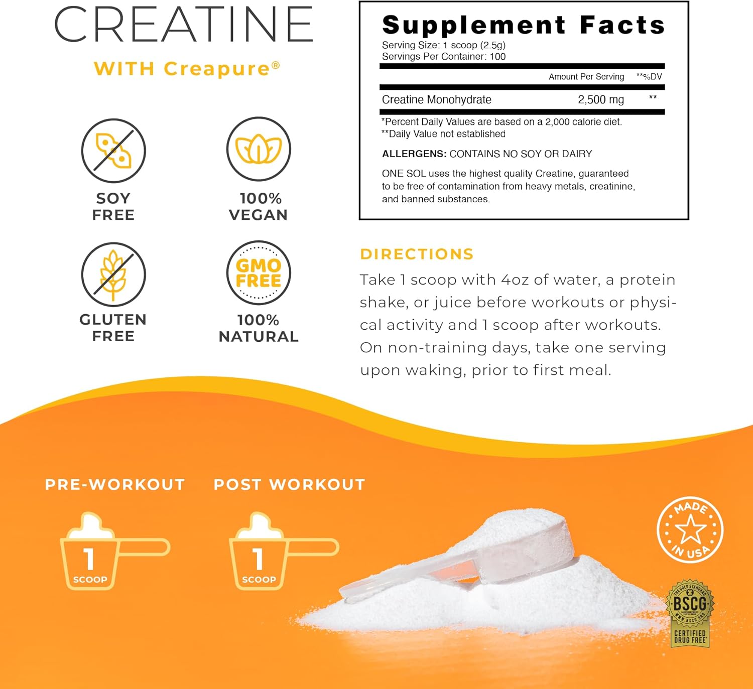 All Natural Women's Creatine Powder for Booty Gain, Lean Muscle Mass & Recovery - Sol Creatine with Creapure, Promotes Brain & Bone Health - Unflavored, 100 Servings