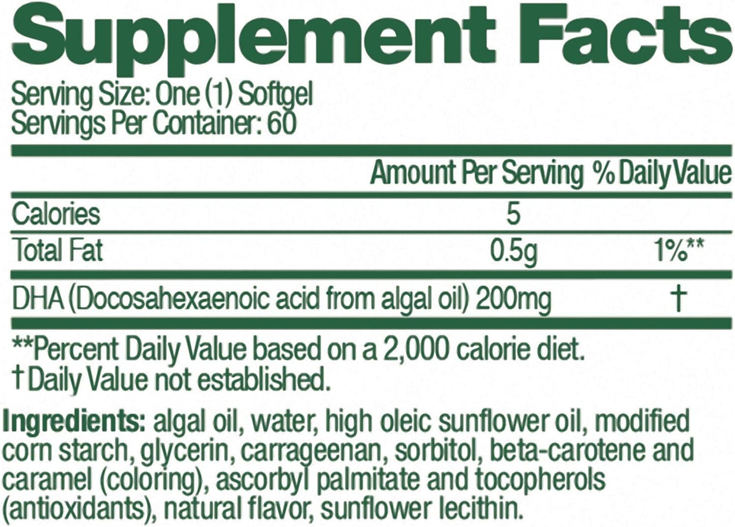 All-Vegetarian DHA Dietary Supplement for Brain, Eyes, and Heart - Non-GMO, Sustainable Source - 200mg Omega-3 - 60 Softgels