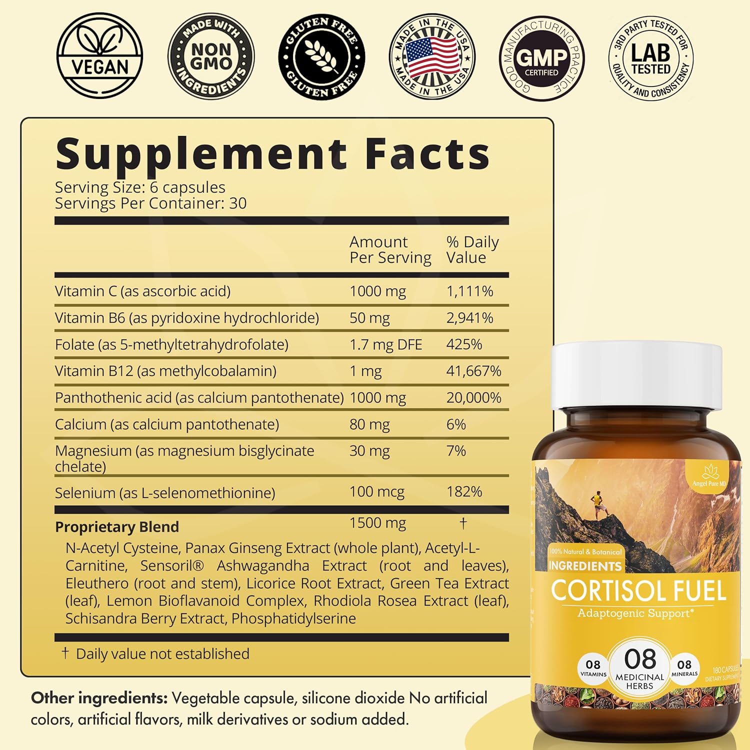 Allergen-Free Angel Pure MD Stress Relief Supplement with Magnesium, Ashwagandha, and Rhodiola - 180ct for Cortisol Health and Energy