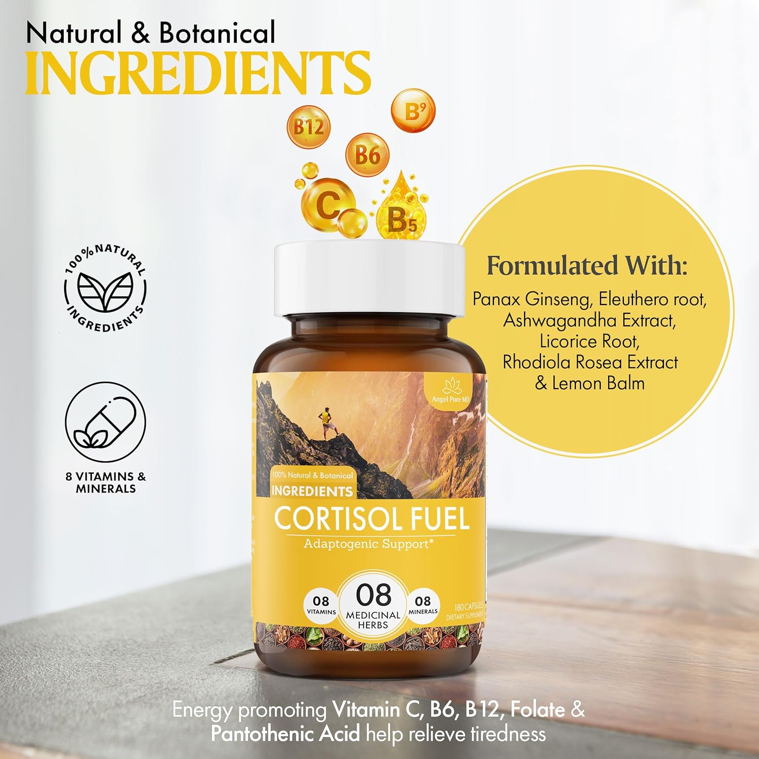 Allergen-Free Angel Pure MD Stress Relief Supplement with Magnesium, Ashwagandha, and Rhodiola - 180ct for Cortisol Health and Energy