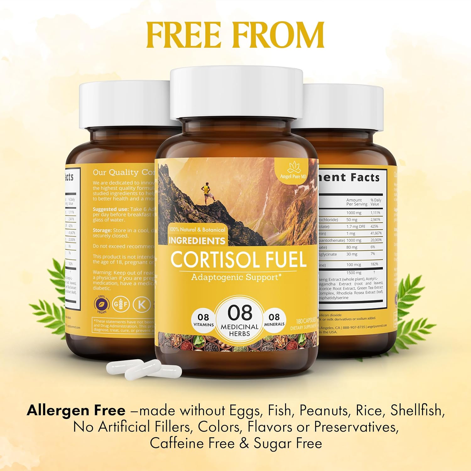 Allergen-Free Angel Pure MD Stress Relief Supplement with Magnesium, Ashwagandha, and Rhodiola - 180ct for Cortisol Health and Energy