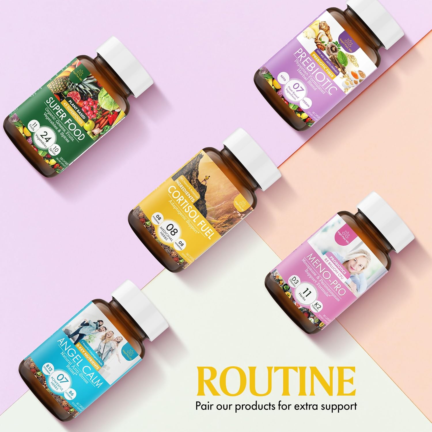 Allergen-Free Angel Pure MD Stress Relief Supplement with Magnesium, Ashwagandha, and Rhodiola - 180ct for Cortisol Health and Energy