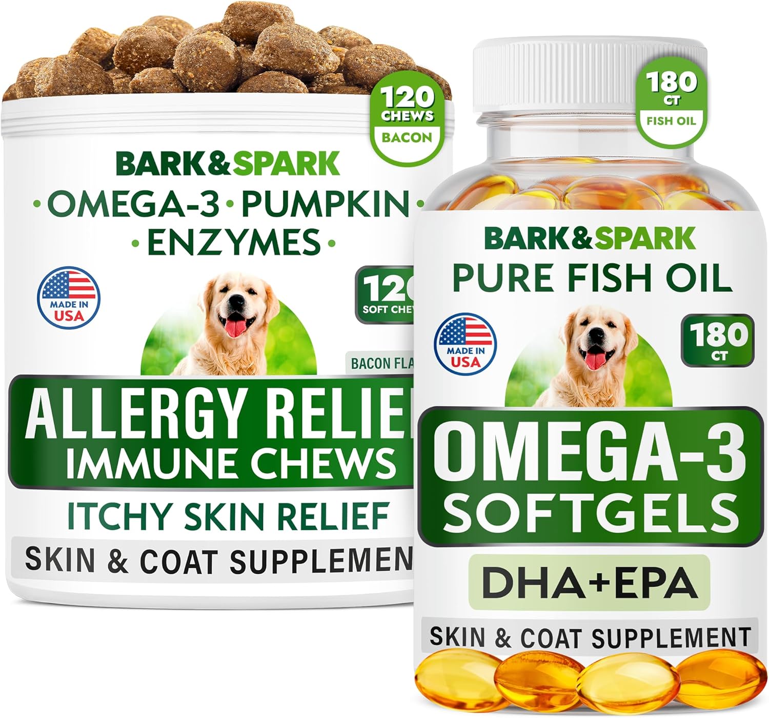 Allergy Relief & Omega 3 Bundle for Dogs - Skin & Coat Supplement with Omega 3 Fish Oil - Supports Joint Health & Reduces Itching - 120 Chews + 180 Softgels - Made in USA