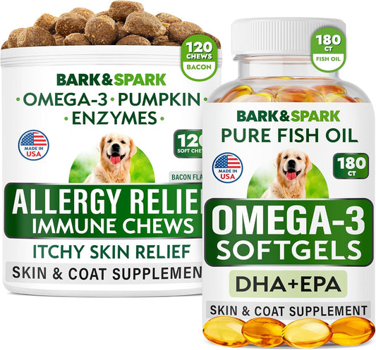 Allergy Relief & Omega 3 Bundle for Dogs - Skin & Coat Supplement with Omega 3 Fish Oil - Supports Joint Health & Reduces Itching - 120 Chews + 180 Softgels - Made in USA