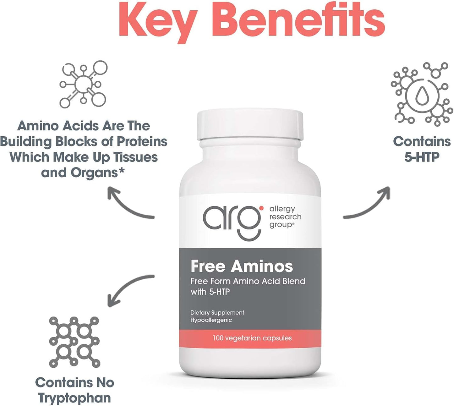 Allergy Research Group Free Aminos Supplement - Essential Amino Acids Complex for Lean Muscle Mass & Digestive Health - 100 Vegetarian Capsules