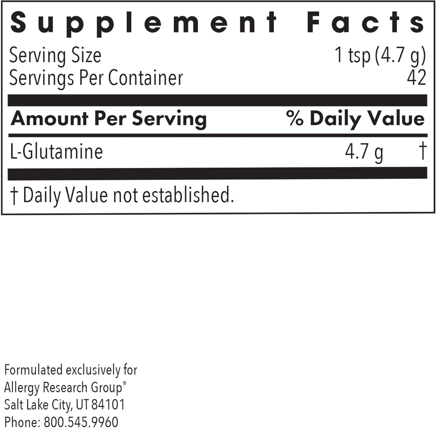 Allergy Research Group L-Glutamine Powder - Pure Free Form Amino Acid Supplement for Gut Health - 7.1 Ounce Bottle for Men & Women
