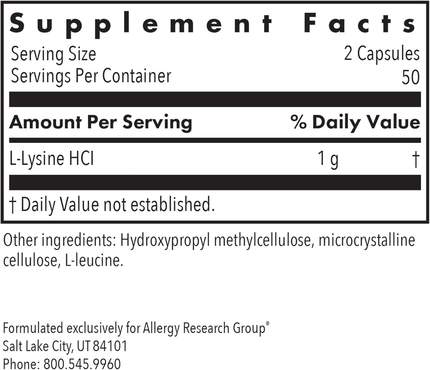 Allergy Research Group L-Lysine Supplement - 500mg Vegetarian Capsules for Immune Support - Pure and Organic - 100 Count