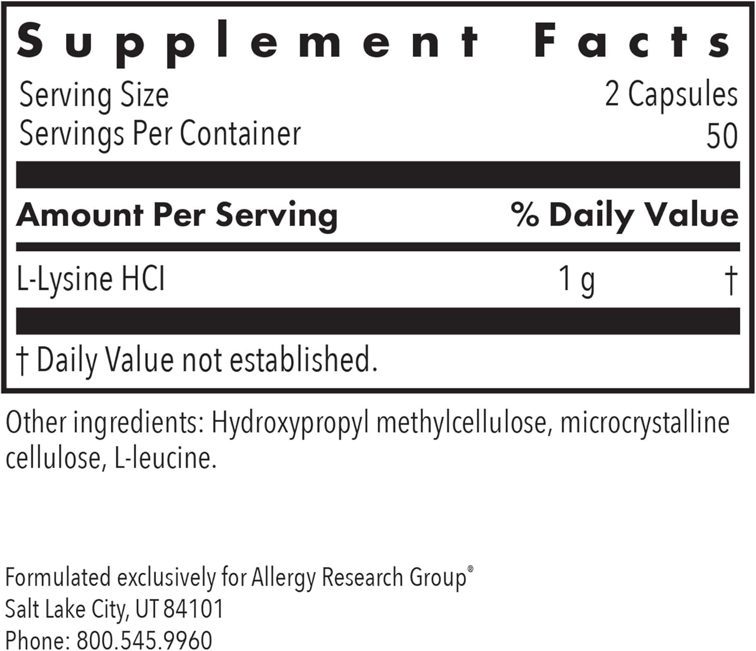 Allergy Research Group L-Lysine Supplement - 500mg Vegetarian Capsules for Immune Support - Pure and Organic - 100 Count