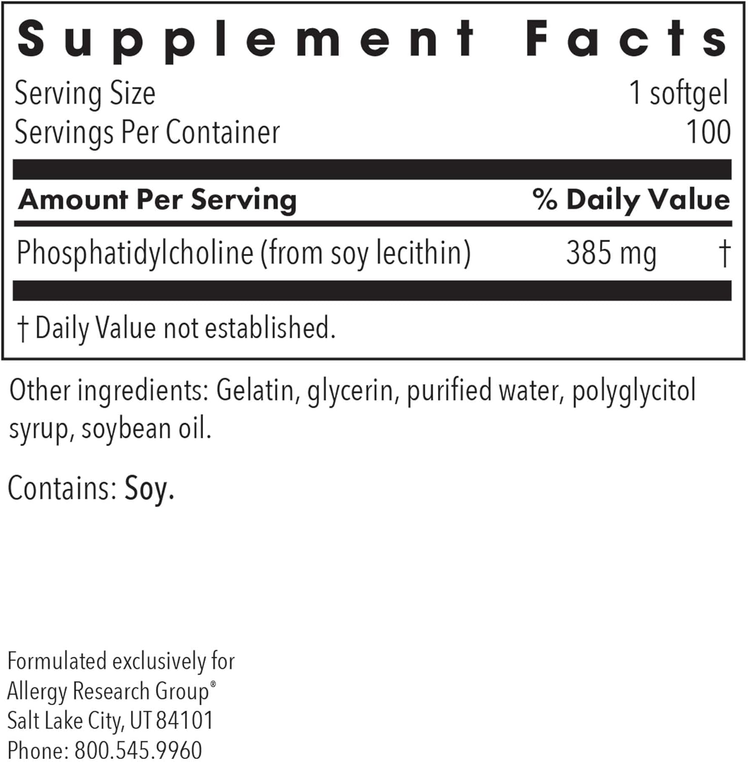 Allergy Research Group Phosphatidyl Choline Supplement - Lecithin Capsules for Liver Support - 1540mg Softgels - 100 Count