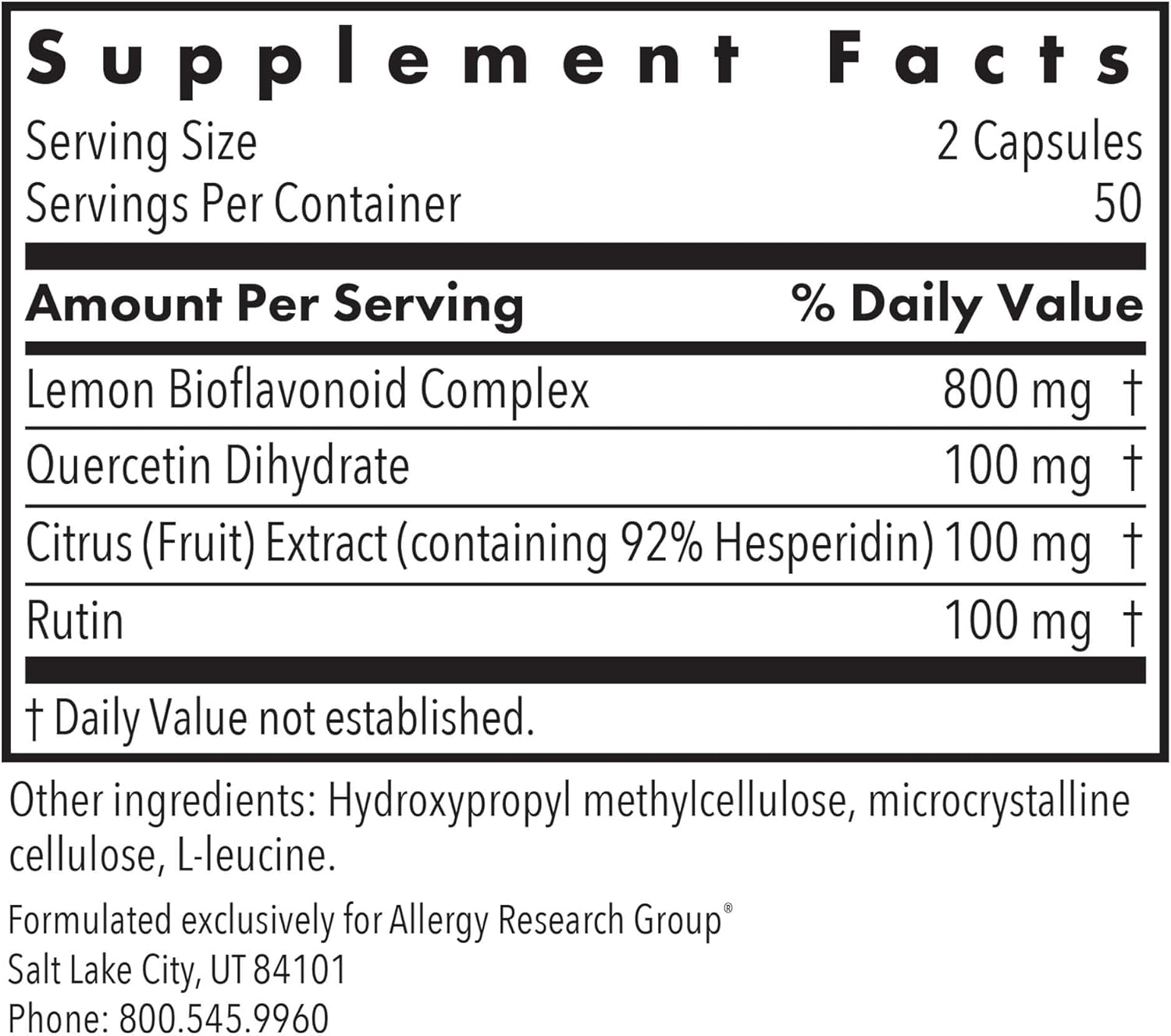 Allergy Research Group Quercetin Bioflavonoids - Lemon Complex, Rutin, Citrus Extract, Hesperidin Capsules - 100 Count