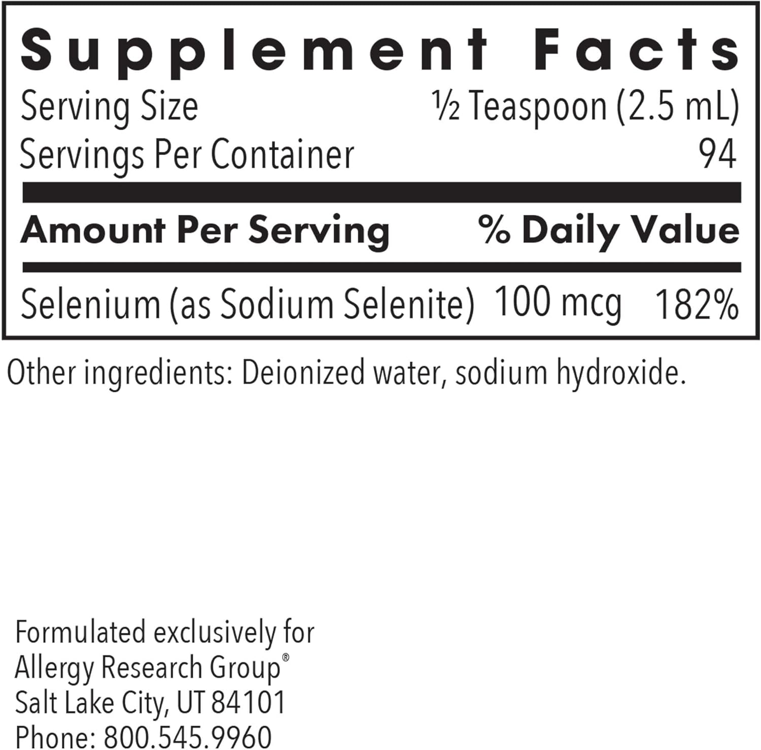 Allergy Research Group Selenium Solution Liquid Supplement - 100 mcg, Hypoallergenic, Thyroid & Antioxidant Support - 8 Fl Oz