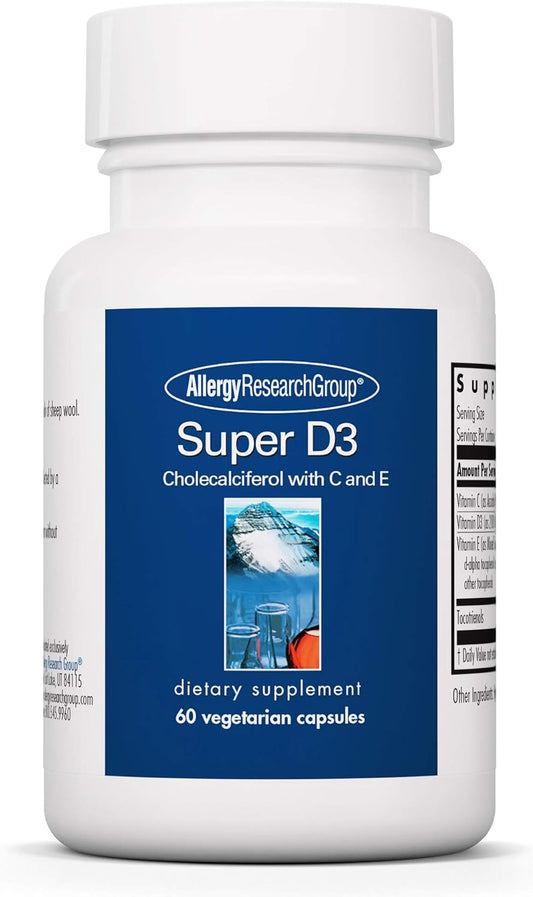 Allergy Research Group Super D3 Vegetarian Capsules - Bone & Immune Support Supplement with Vitamin C & E - 60 Count