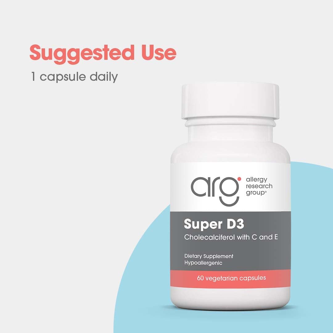 Allergy Research Group Super D3 Vegetarian Capsules - Bone & Immune Support Supplement with Vitamin C & E - 60 Count